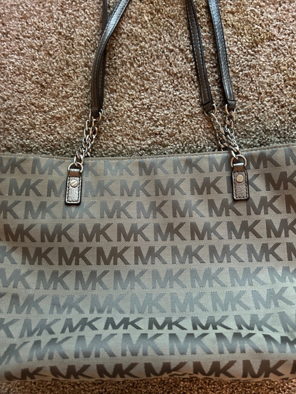 Michael Kors Brown and Tan Monogram Large Tote Bag With Silver Chain Details - Picture 2 of 6